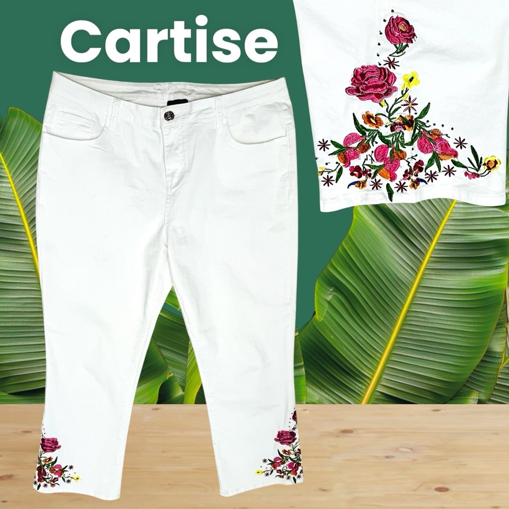 Cartise Denim Women’s Jeans White Embrodery Floral High Rise Straight Leg Sz 14